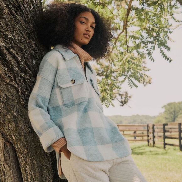 New! Madewell Boiled Wool Half-Zip Popover Sweater Buffalo Check Shacket Jacket - Picture 2 of 14